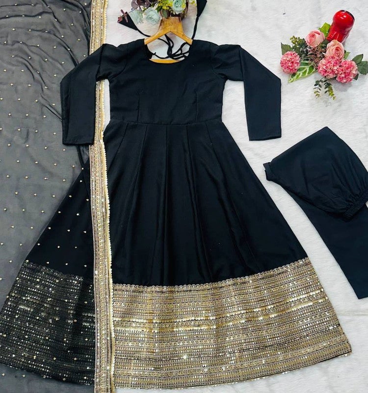 Malishka Export Black Embroidered Anarkali Kurta With Dupatta for Women - Image 3